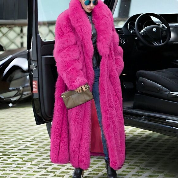 Fuchsia Women's Waterfall Neckline Long Faux Fur Coat - Picture 7 of 8